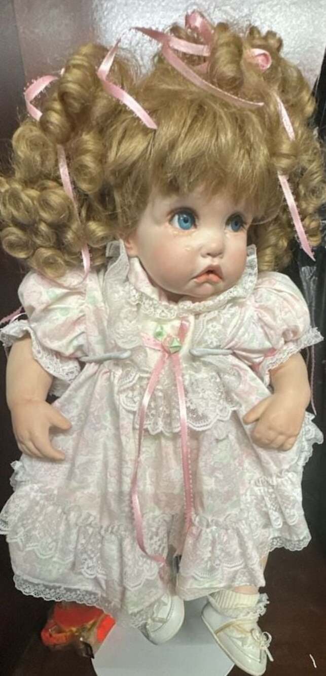 Ginny Lee Porcelain Crying Doll with Curly Blonde Hair